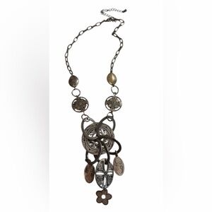 #639 Antique Inspired Silver Boho Medallion & Charms Layered Necklace